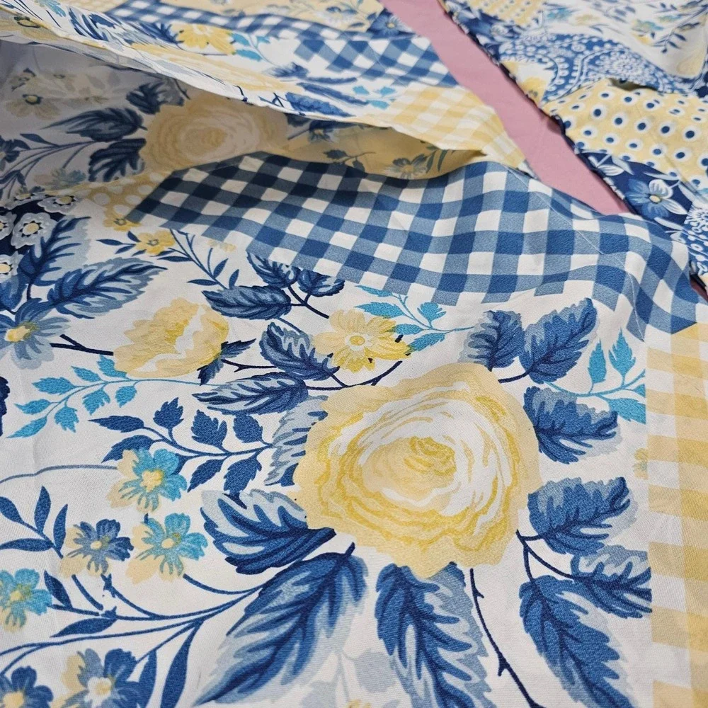VTG Gold Coast Blue Yellow Floral Gingham Polyester Pillow Cover Set 2 Farmhouse